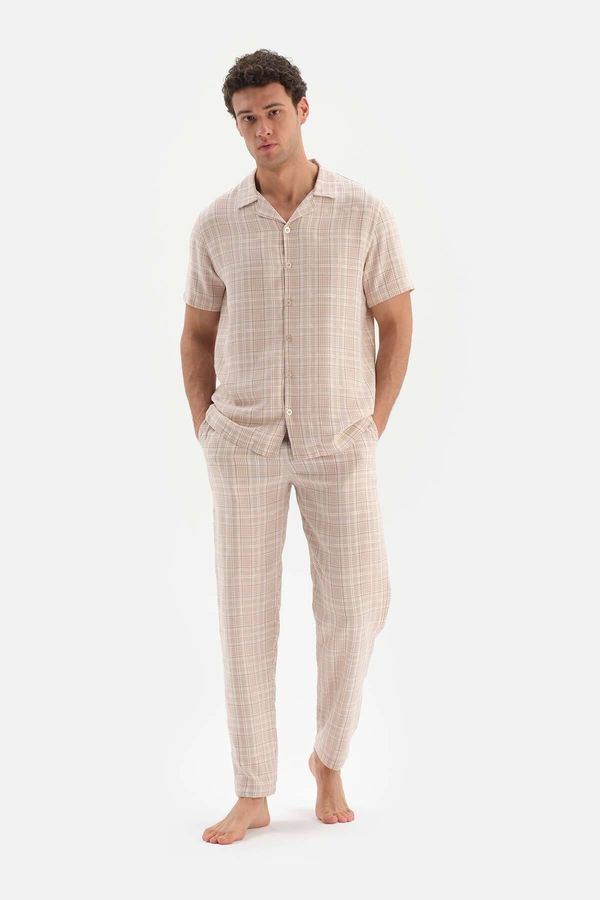 Dagi Dagi Beige Shirt Collar Checked Woven Pajamas Set
