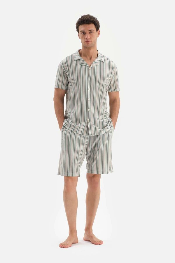 Dagi Dagi Beige Shirt Collar Striped Knitted Shorts Pajamas Set