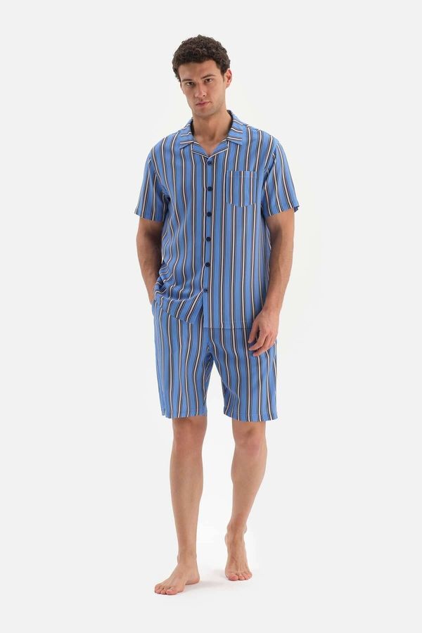Dagi Dagi Blue Shirt Collar Striped Shorts Woven Pajamas Set