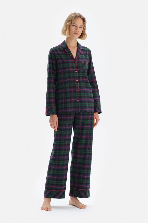 Dagi Dagi Checkered Woven Pajamas Set with Jacket Collar, Green
