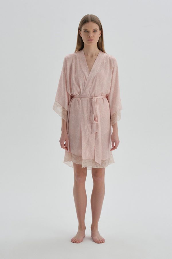 Dagi Dagi Dark Pink Patterned Satin, Lace Detailed Dressing Gown