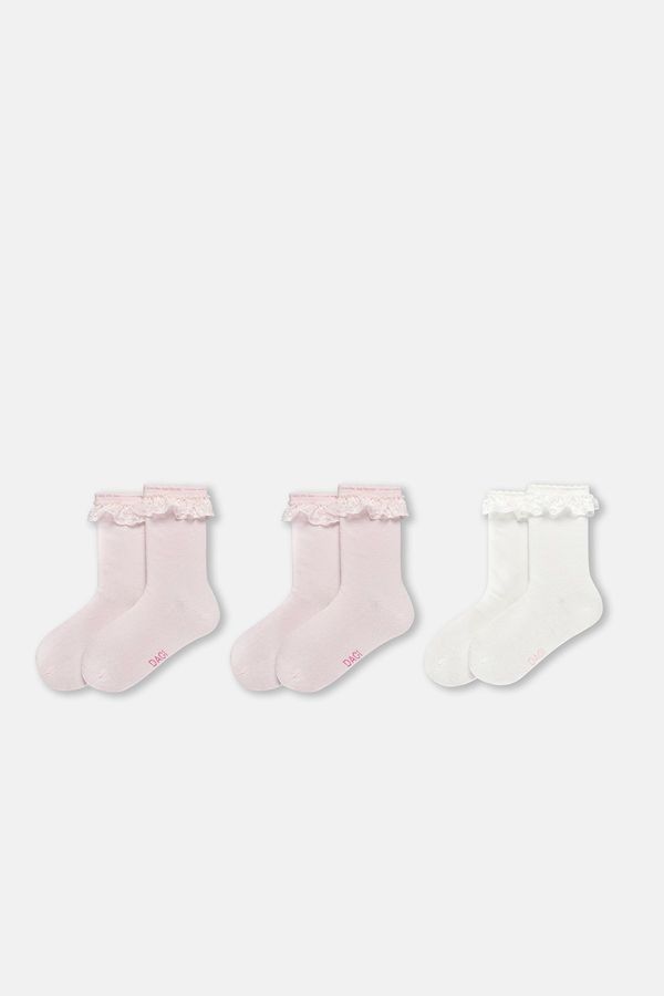 Dagi Dagi Ecru-Pink Girl's 3-Piece Lace Socks