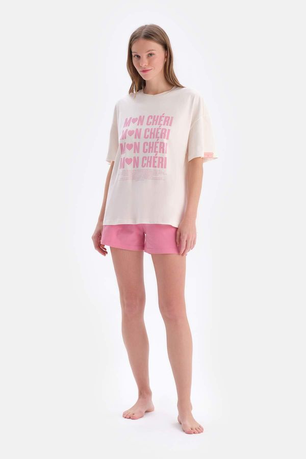 Dagi Dagi Ecru Short Sleeve Piece Printed Single Jersey T-Shirt Shorts Pajamas Set