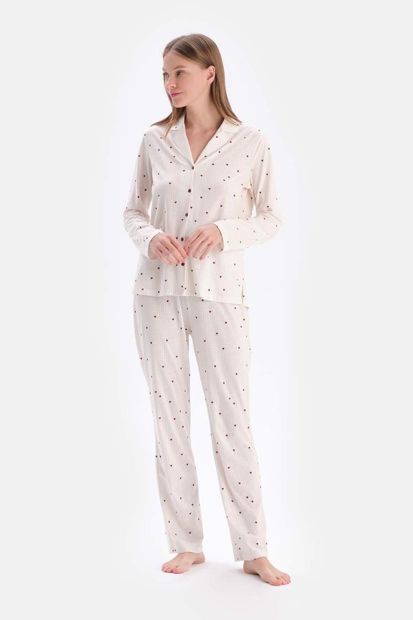 Dagi Dagi Ecru Tiny Heart Printed Single Jersey Shirt Pants Pajamas Set