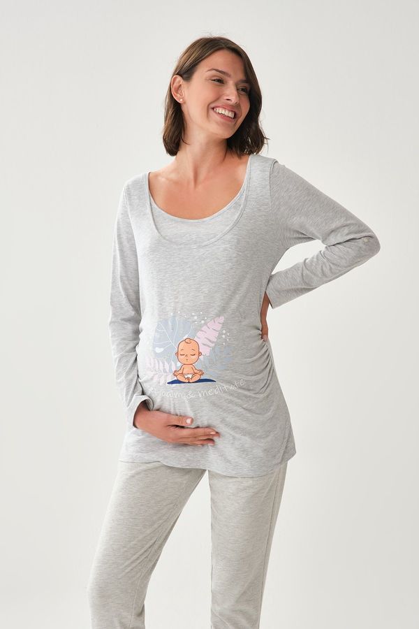 Dagi Dagi Gray Melange Wide Collar Long Sleeve Maternity T-shirt