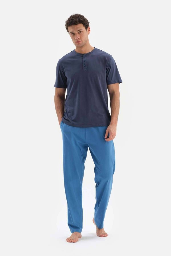 Dagi Dagi Navy Blue Half-Pleat Short Sleeved Cotton Modal Pajamas Set
