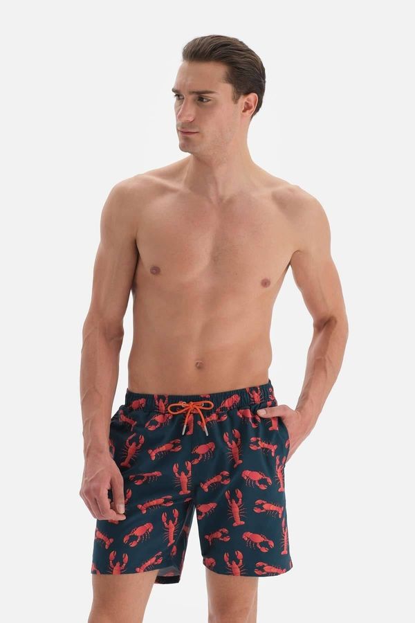 Dagi Dagi Navy Blue-Orange Lobster Pattern Mid Sea Shorts