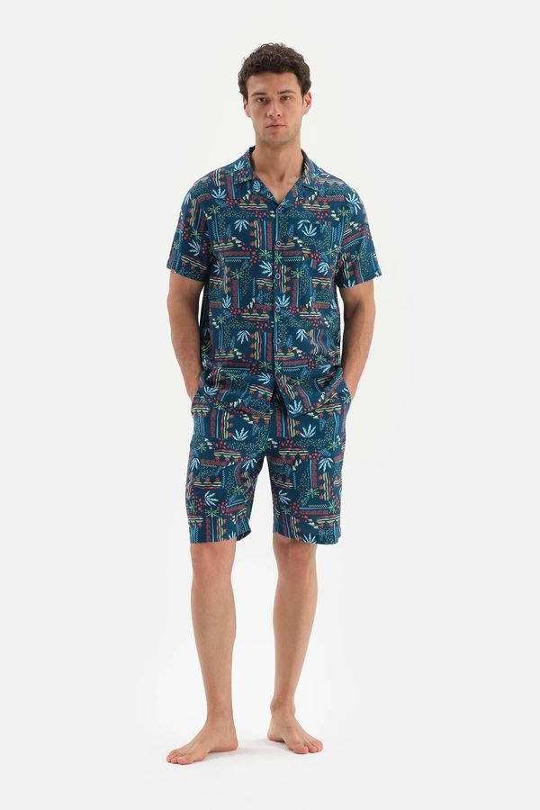 Dagi Dagi Navy Blue Shirt Collar Printed All-in-One Pajamas Set