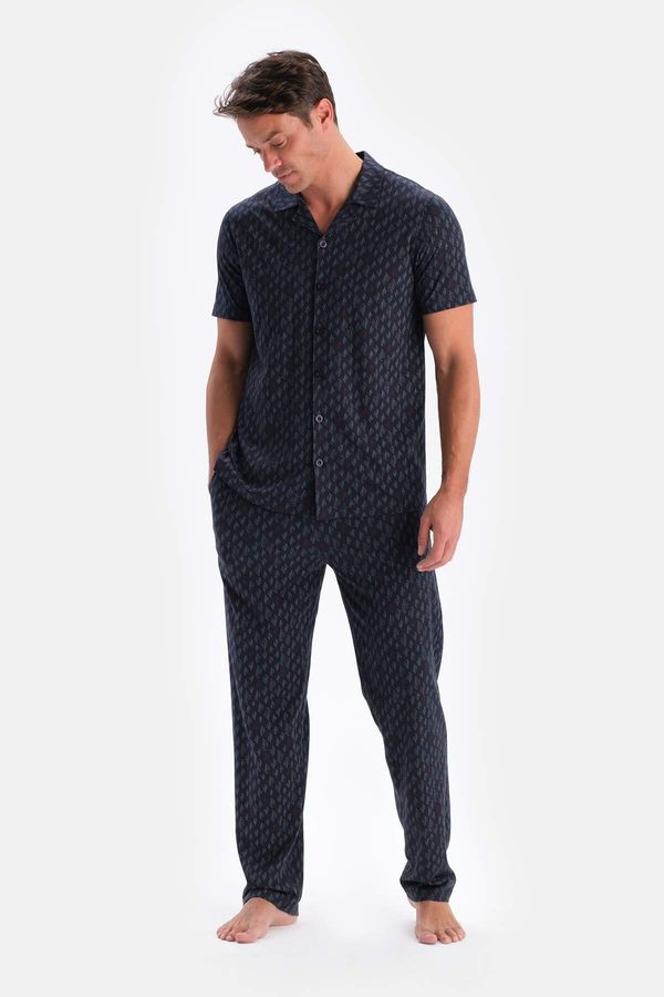 Dagi Dagi Navy Blue Size Printed Cotton Modal Shirt Trousers Pajamas Set