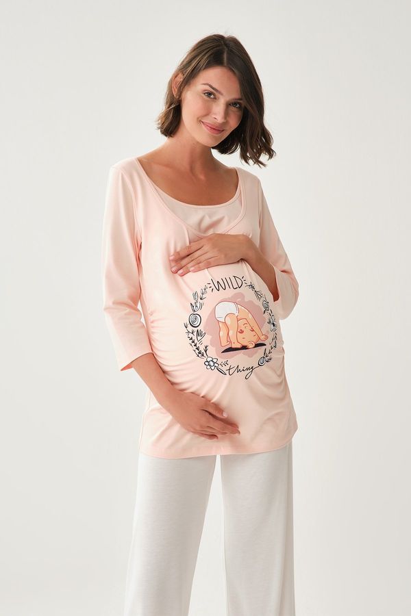 Dagi Dagi Pink Boat Neck Long Sleeve Maternity Cotton T-shirt