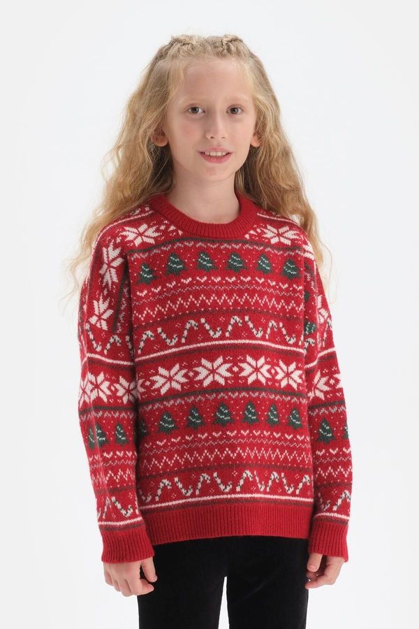 Dagi Dagi Red Girl&#39;s Christmas Themed Oversize Knitwear Sweater