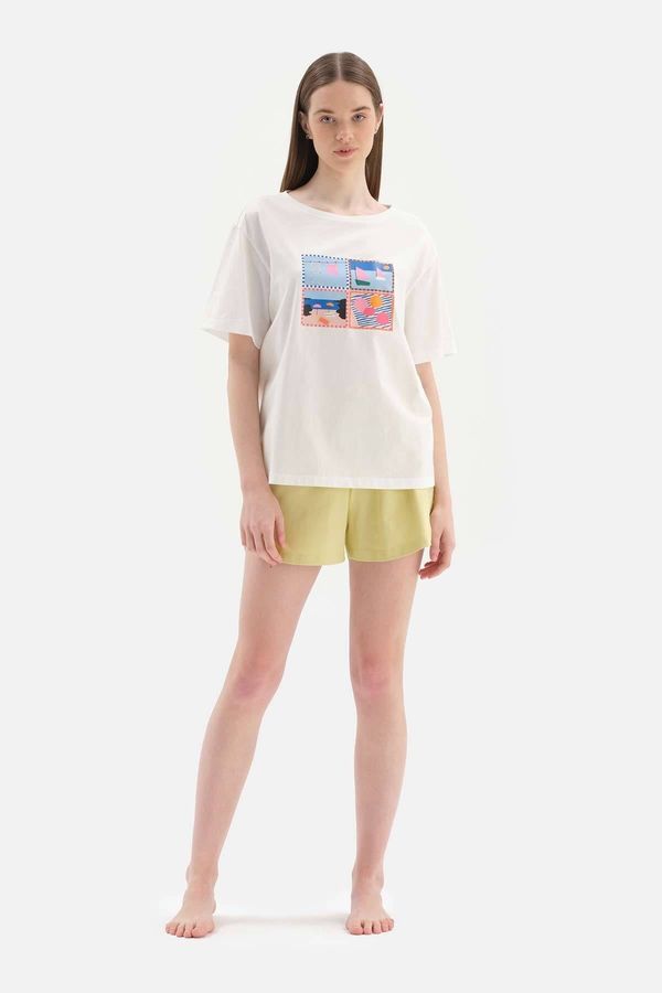 Dagi Dagi White Short Sleeve Print Detailed Pajamas Set with Shorts