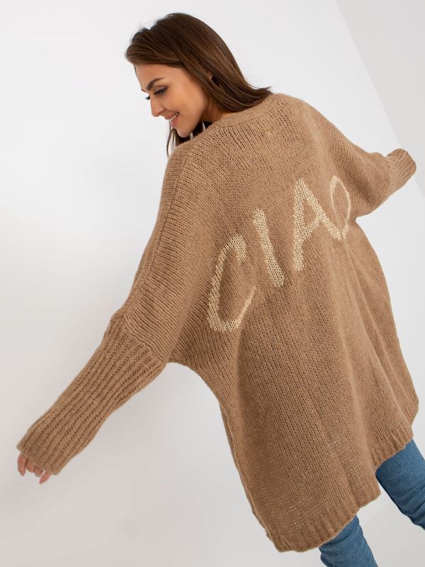 Fashionhunters Dark beige knitted cardigan with wide sleeves OCH BELLA