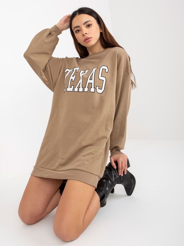 Fashionhunters Dark beige long sweatshirt with print and pockets