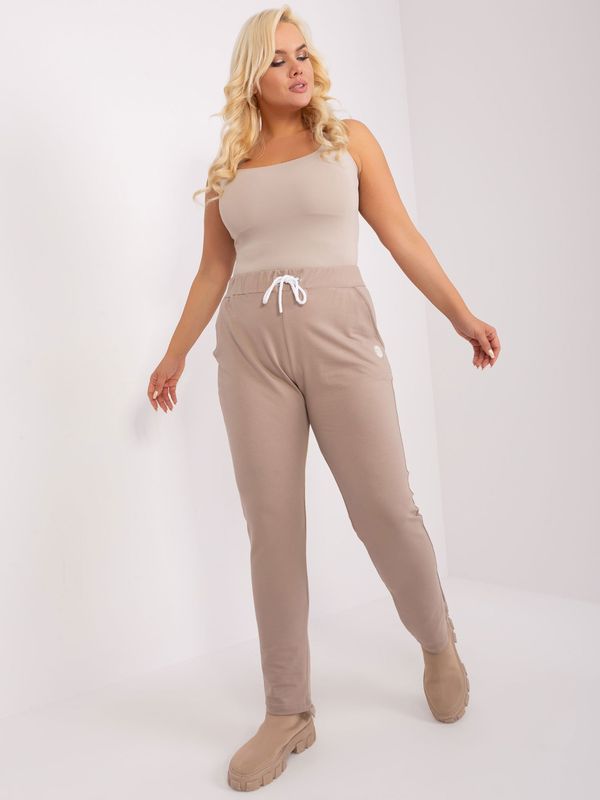 Fashionhunters Dark beige women's plus size trousers with drawstring
