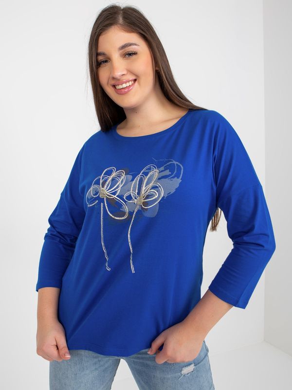 Fashionhunters Dark blue blouse plus size with print and rhinestones