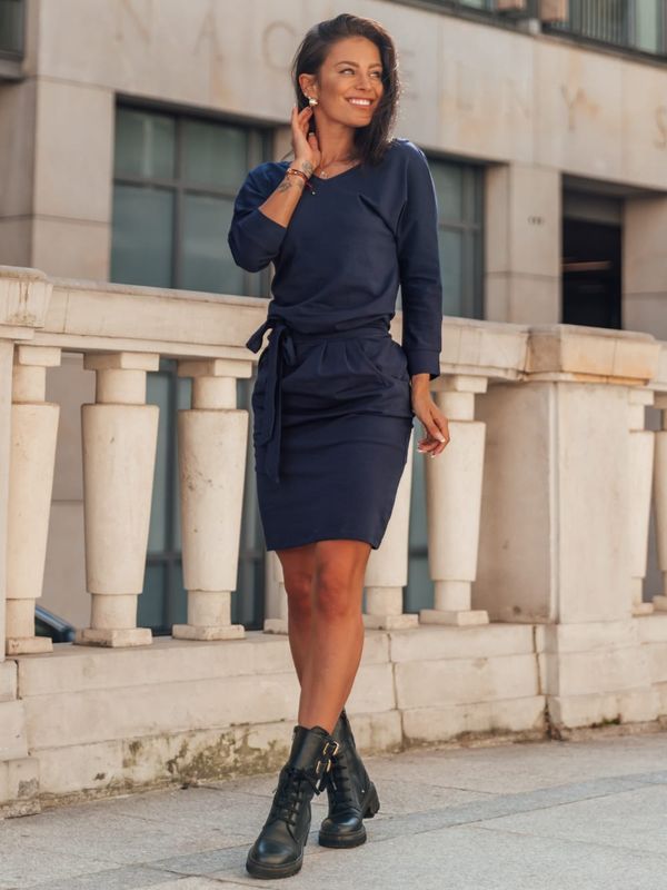 FASARDI Dark blue dress with a tie at the waist