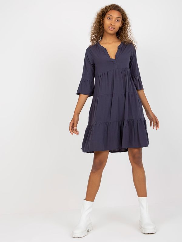Fashionhunters Dark blue dress with frills and 3/4 sleeves SUBLEVEL