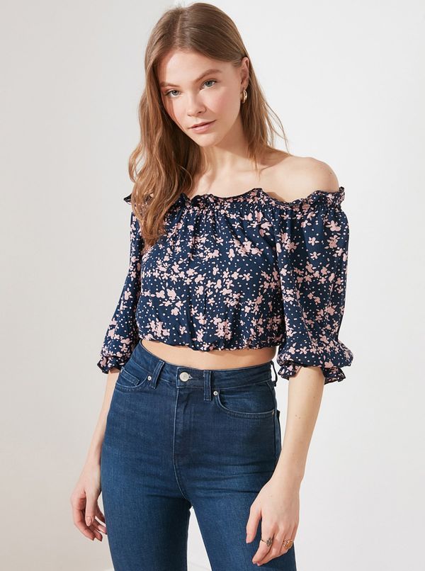 Trendyol Dark Blue Floral Short Blouse with Off Shoulders Trendyol - Women