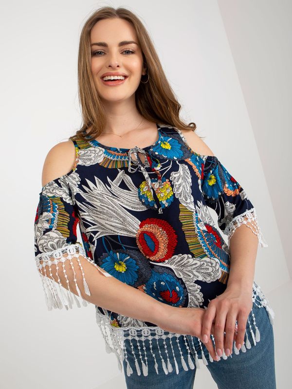 Fashionhunters Dark blue summer blouse with print and fringe
