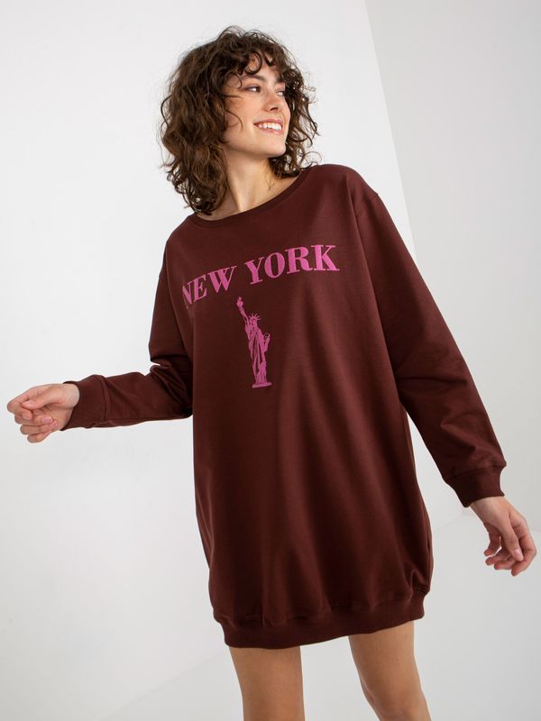Fashionhunters Dark brown and pink oversize sweatshirt with long print