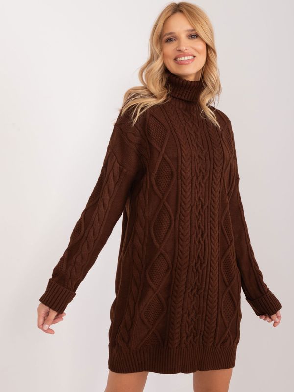 Fashionhunters Dark brown knitted dress with cables