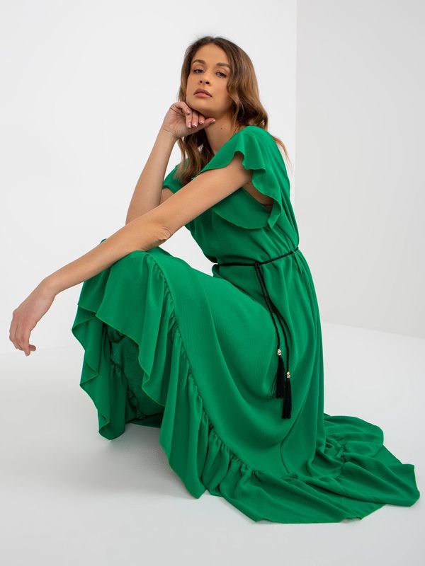Fashionhunters Dark green midi dress with ruffles on the sleeves
