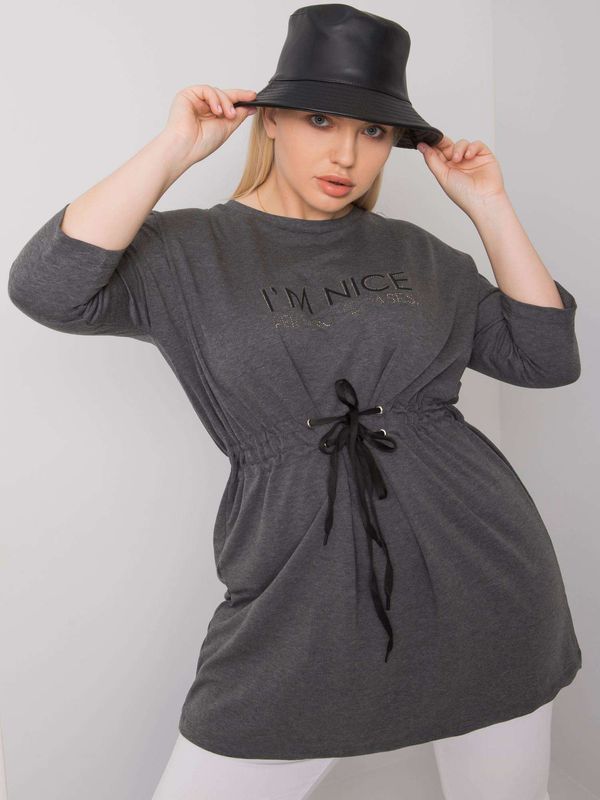 Fashionhunters Dark grey melange plus size tunic with inscription