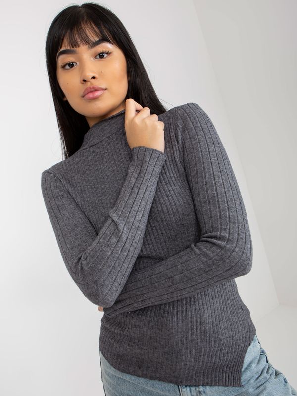 Fashionhunters Dark grey ribbed asymmetrical sweater with stand-up collar