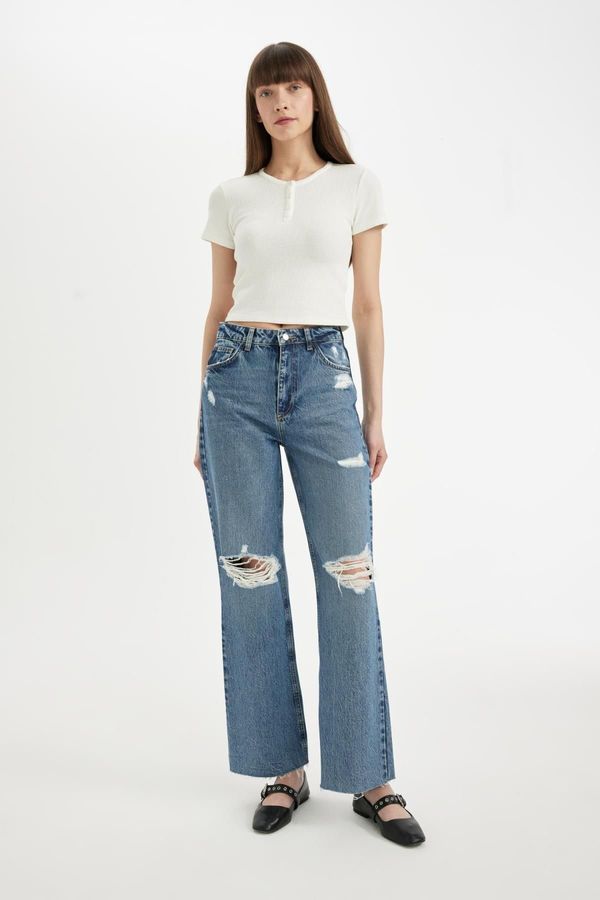 DEFACTO DEFACTO 90's Wide Leg Ripped Detailed High Waist Long Jean Trousers