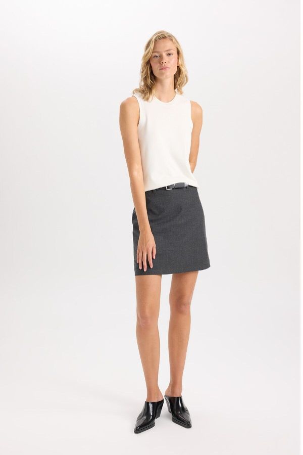 DEFACTO DEFACTO A-Line Basic Plain High Waist Belted Mini Classic Skirt