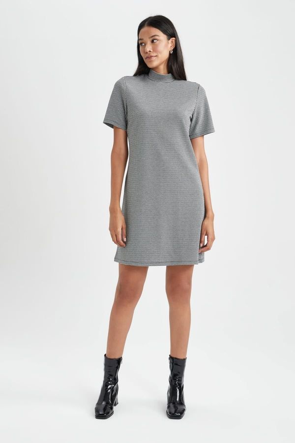 DEFACTO DEFACTO A-Line Half Turtleneck Houndstooth Jacquard Mini Short Sleeve Dress