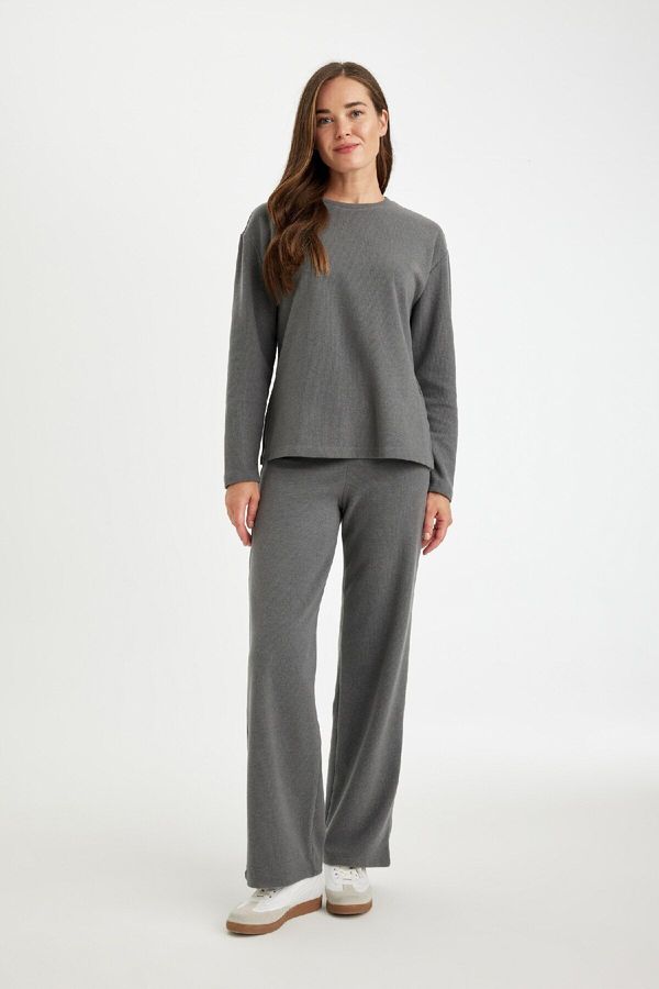 DEFACTO DEFACTO Anthracite Knitted Trousers Wide Leg Wide Wide Leg Thessaloniki Fabric Basic Plain