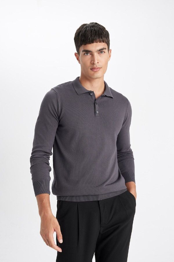 DEFACTO DEFACTO Anthracite Standard Fit Regular Cut Polo Collar Soft Textured Premium Knitwear Sweater