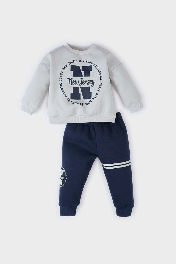 DEFACTO DEFACTO Baby Boy 2-Piece Set Crew Neck Printed Sweatshirt Elastic Waist Tracksuit Bottoms