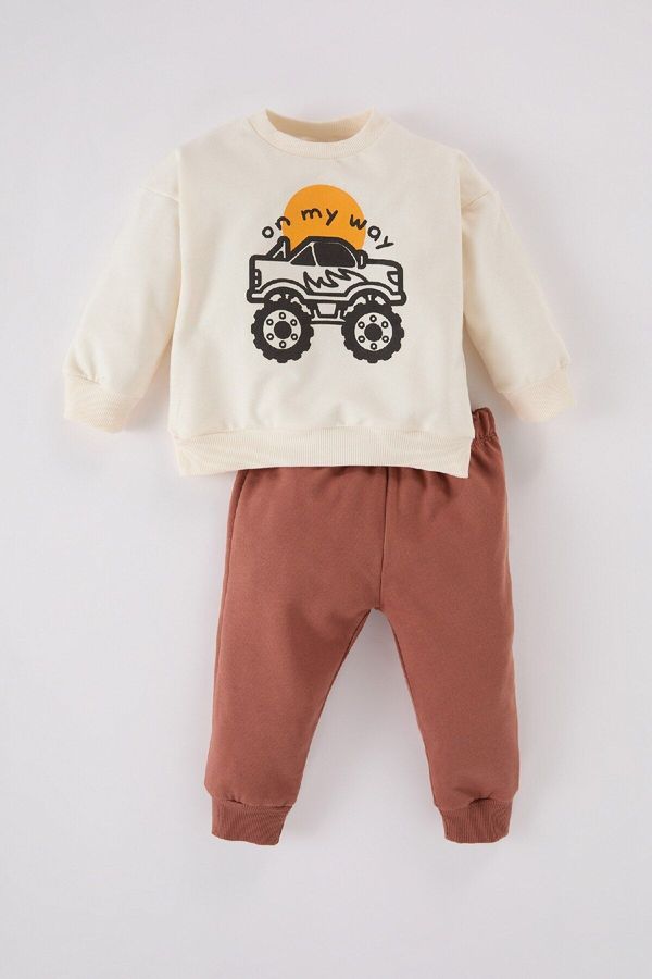 DEFACTO DEFACTO Baby Boy 2-Piece Set Crew Neck Vehicle Printed Sweatshirt Elastic Waist Tracksuit Bottoms