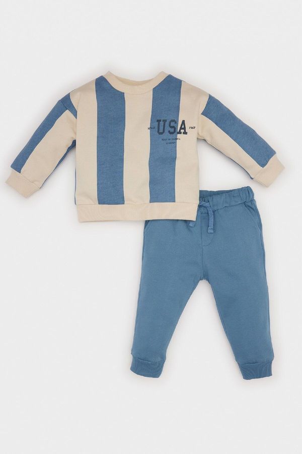 DEFACTO DEFACTO Baby Boy 2-Piece Set Striped Crew Neck Printed Sweatshirt Elastic Waist Tracksuit Bottoms