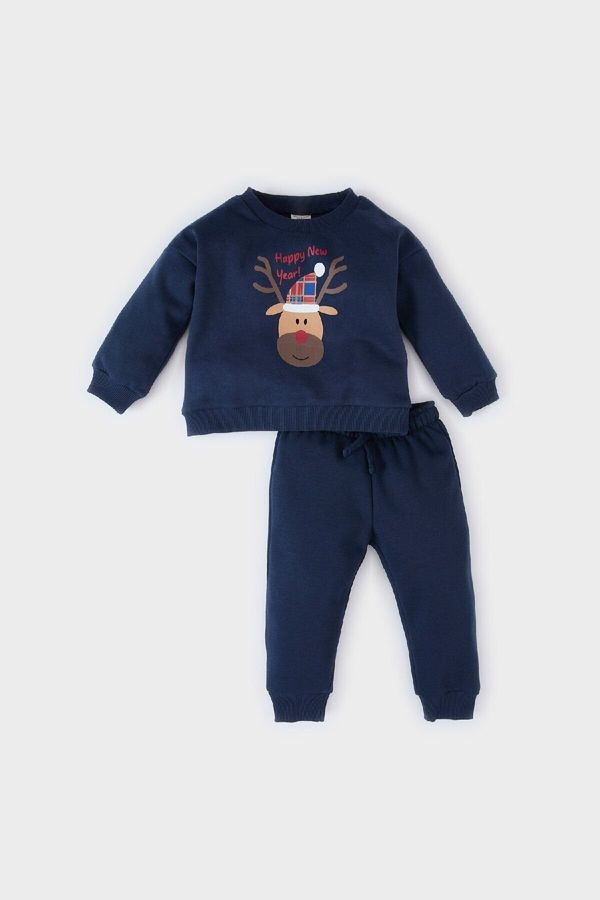 DEFACTO DEFACTO Baby Boy Christmas Themed 2-Piece Set Crew Neck Sweatshirt Elastic Waist Tracksuit Bottoms