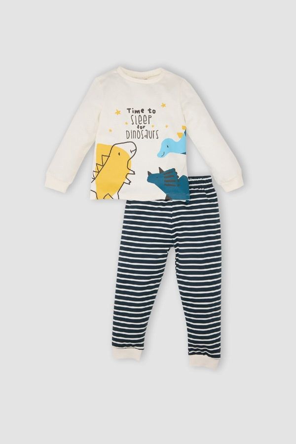 DEFACTO DEFACTO Baby Boy Crew Neck Dinosaur Printed Long Sleeve Top Striped Bottom Pajama Set