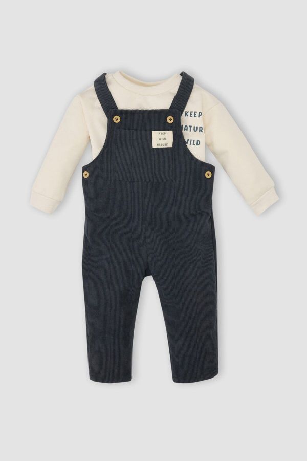 DEFACTO DEFACTO Baby Boy Crew Neck Slogan Printed T-Shirt Overalls 2-Piece Set