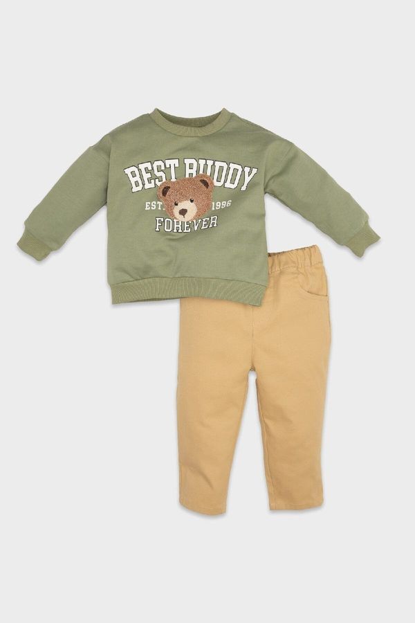 DEFACTO DEFACTO Baby Boy Crew Neck Teddy Bear Printed Sweatshirt Elastic Waist Trousers 2-Piece Set