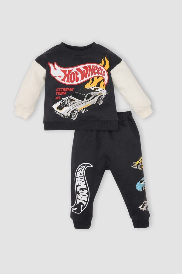 DEFACTO DEFACTO Baby Boy Hot Wheels Crew Neck Sweatshirt Elastic Waist Tracksuit Bottoms 2-Piece Set