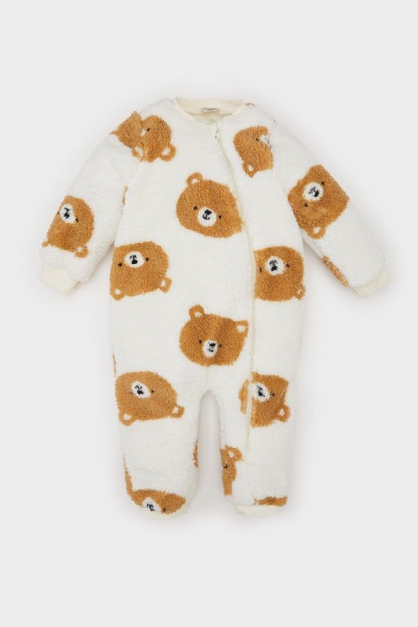 DEFACTO DEFACTO Baby Boy Newborn Bear Patterned Zippered Long Sleeve Plush Jumpsuit