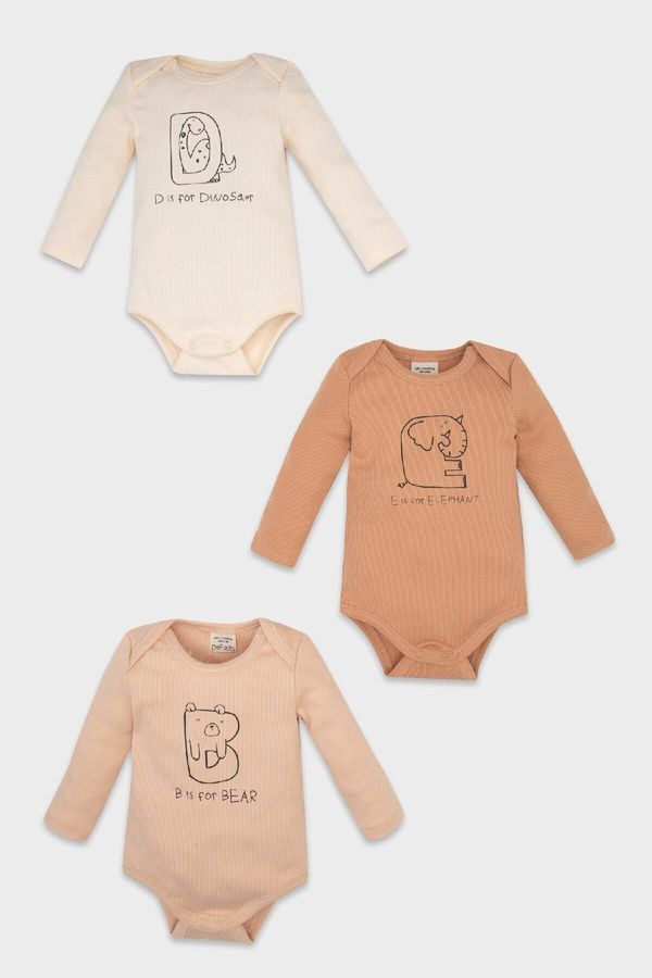 DEFACTO DEFACTO Baby Boy Newborn Beige Animal Patterned Ribbed 3-Piece Long Sleeve Snap Bodysuit