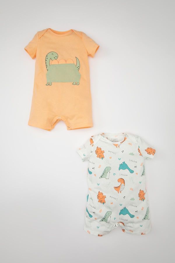 DEFACTO DEFACTO Baby Boy Newborn Dinosaur Printed Combed Cotton 2-Piece Short Sleeve Jumpsuit