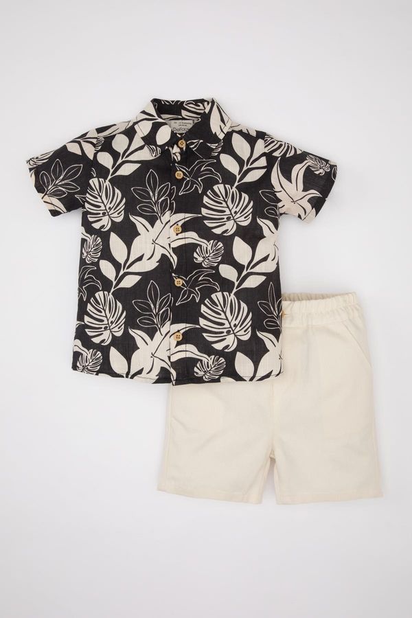 DEFACTO DEFACTO Baby Boy Palm Tree Patterned Flamed Poplin Shirt and Shorts 2-Piece Set