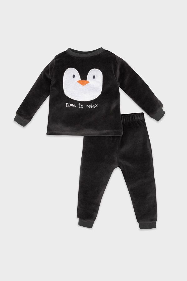 DEFACTO DEFACTO Baby Boy Penguin Patterned Long Sleeve Top Long Bottom Velour Pajama Set