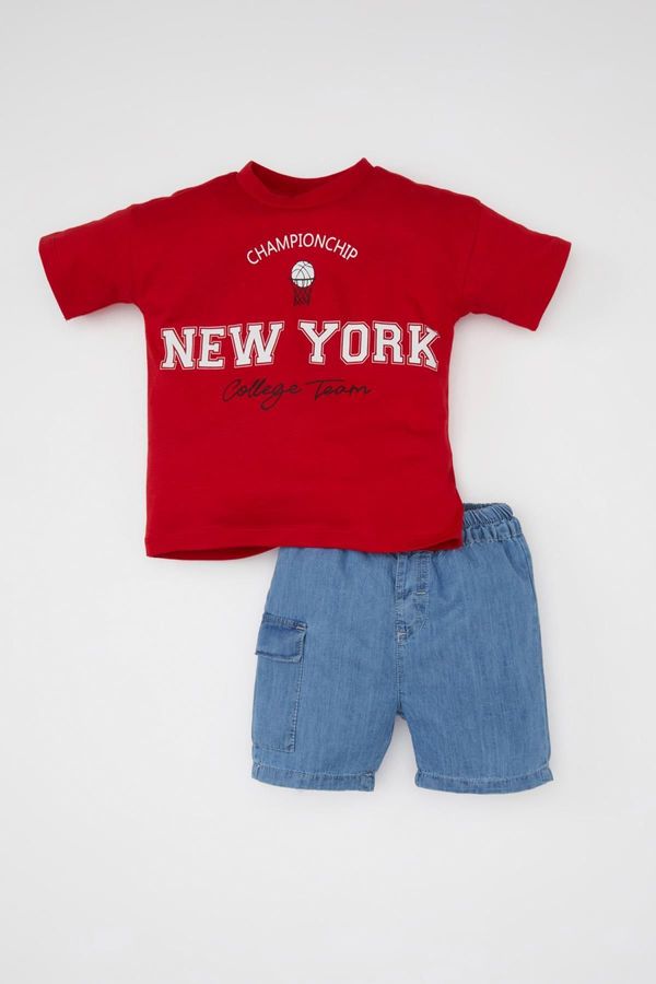 DEFACTO DEFACTO Baby Boy Printed Short Sleeve T-Shirt Jean Shorts 2-Piece Set