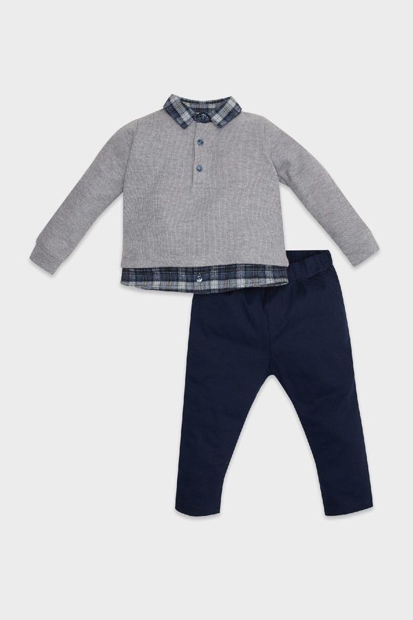 DEFACTO DEFACTO Baby Boy Shirt Collar Thessaloniki Fabric Sweatshirt Elastic Waist Trousers 2-Piece Set