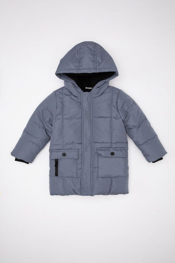 DEFACTO DEFACTO Baby Boy Water Repellent Ribbed Sleeve Hooded Fleece Lined Coat